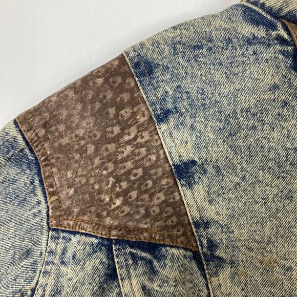 PREZZIA JEANS Jacket Women M Vintage Leather Patch Acid Wash Denim Adjust-Belt - Picture 12 of 16